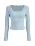 Women Lace Patchwork Ribbed Slim T-shirts Cropped Tops Solid Color Round Neck Long Sleeve Base Tees Shirts Streetwear-Outfit