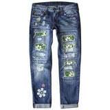 Fashion And Slim Print Denim Trousers Women-Outfit