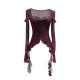 Double-Layer Screen Printing Hottie Retro Collar Horn Long-Sleeved Top Irregular Ribbon Short T-Shirt