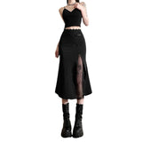 Fongt 2024 New Women's Design Sense Retro Lace Stitching Split Fishtail Skirt-Outfit