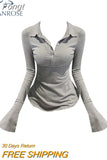 Sexy Club Slim T Shirt Women Lapel Collar Tees Womens Clothing Cotton Long Sleeve Korean Casual Fashion Tops 2023