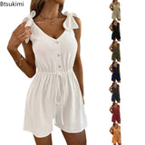 Summer Sexy Chic Jumpsuits Women V Neck Sleeveless Lady Short Playsuits Loose Casual Solid Beach Rompers Female