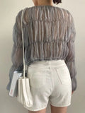 Fashion Pleated Casual Blouse Women Summer New Loose Folds Perspective Chiffon Shirt Long Sleeve Tops Blusas Mujer