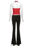 Red Lace Sheer Halter Crop Top And Flare Pants Set-Outfit