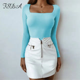 Suqare Neck Casual Long Sleeve T Shirt Women Sexy Top Black White Autumn Spring Summer Red Tee Basic Ladies Shirt