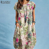 ZANZEA Summer Woman Vintage Dress Bohemian Floral Printed Holiday Casual Robe Vestidos O-Neck Short Sleeve Knee-length