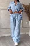 Fongt New Women's Solid Color Single-Button Long-Sleeved Shirt Two Sets Of Wide Leg Trousers With