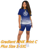PINK Letter Print Gradient Two Piece Sets Women Round Neck Short Sleeve Top + Shorts Tracksuits Summer Fashion