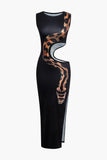 Snake Print Cut Out Sleeveless Maxi Dress with