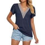 2023 New Gold Lace Lady V-Neck Tile Short Sleeve Solid Color T-Shirt Top-Outfit