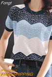 Out Striped Knitted Top Thin T Shirt Women 2023 Summer Short Sleeve Tshirt Womens Clothing Tee Shirt Camisetas De