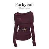 Fongt Temperament Hottie Purple Shoulder Knitted Shirt Girl Early Autumn Chic T-Shirt Long-Sleeved Top