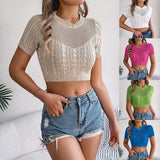 Fongt Shooting Spring And Summer Leisure Hollow Jasmine Short-Sleeved Knitted Jersey Holiday Short Umbilong Tops Women's Clothing
