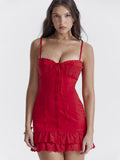 Red Lace Patchwork Buttoned Mini Dress-Outfit