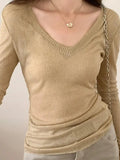 Ribbed V Neck Slim Long Sleeve Knit-Outfit