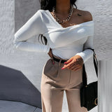 Women Off Shoulder Slim Blouse Elegant Solid Autumn Long Sleeve Lady Pullover Tops Casual Female Streetwear Shirts