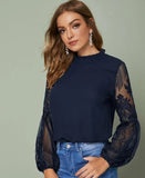 Fongt New 褶領透视 Tulle Lace Lantern Sleeve Temperament Blouse