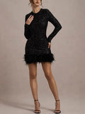 Fongt Women's Dress Sexy Dress Long Sleeve Solid Color Sequin Feather Dress Round Collar Woman 8102