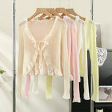 Ruffles Cardigan Slim Women Casual Transparent Sweater Shirts Lady Thin Solid Coats Female Crop Top-Outfit