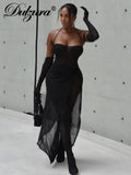 Women Mesh See Through Sexy Y2K Clothes 2 Piece Lace Up Long Sleeve Backless Top High Waist Maxi Skirt Matching Set