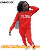 Casual Tracksuits Women Solid Two Piece Set Women Plus Size Pink Letter Embroidery Zipper Hoody Coat + Pants Sets