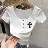 Square Collar Crop Tops Black Cross Appliques Solid T Shirts Skinny Basic Office Lady Streetwear Summer Casual Korean Ins-Outfit