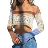 Hollow Out Women's Sweater Square Collar Patchwork Long Sleeve Sweaters Pullovers 2021 Autumn Ladies Sweet Fashion