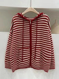Hooded Striped Long Sleeve Knit Cardigan-Outfit