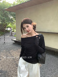 Fongt Xixi 2025 Autumn New White Standard Temperament Slant Shoulder Solid Color Knit Shirt Long Sleeve Top Sweater Female 89527