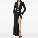 Fongt Star Fashion Diamond-Tender Button Deep V Suit Collar Open Fork Dress Dress Long Dress