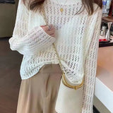New Lazy Wind Round Collar Hollowed-Out Hook Flower Long-Sleeved Sweater Sunscreen Clothing-Outfit