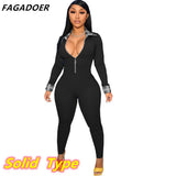 PINK Letter Embroidery Bodycon Jumpsuit Fashion Plaid Patchwork Bodysuits Long Sleeve Sexy Zipper Playsuits