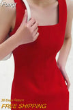Square Collar Black Dress Women Fashion Sleeveless Solid Elegant French Midi Dresses Ladies Office