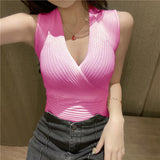 Summer New Dark V-Collar Sexy Low-Cut Knitted Vest For Women With 12-Color Slim Striped Solid-Color Bottomed Blouse-Outfit