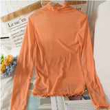 T Shirts Women Transparent Tops Long Sleeve Slim Turtleneck Stretchy T-Shirt Autumn Tees-Outfit