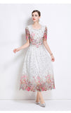 Fongt High-End Lace-Print Temperament Single-Drace Buckle Round-Neck Short-Sleeved Top Two Sets Of High-Rise Slimming Skirt