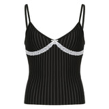 Fongt Cloth Forget Black And White Striped Lace Lace Splicing V-Neck Sling Vest Sexy Set-Up Inside The Body