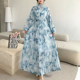 Fongt Light Luxury Temperament Dress Female High-End Feel Strapped Waist Three-Dimensional Flower Lantern Sleeve Print Dress