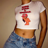 Europe and America Y2K Cartoon Anime Print Slim Tight Sexy Short Navel Street Round Neck Short Sleeve T-shirt Top Female