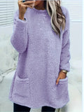 Fongt Women's Autumn And Winter New Long-Sleeved Round-Neck Casual Loose Plush Wear Pocket Top Woman