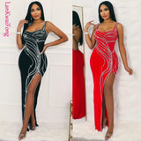 New Sexy Party Women's Dress with Iron Diamond Sleeveless Strap Wrap Hip Split Tight Elastic High Grade Evening Dress-Outfit