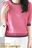 De Mujer 2023 Summer Short Sleeve Tshirt Women Contrast Color Top Ladies Tees Knitted Casual Clothes Tee Shirt