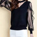 Fashion V-Neck Women's Mesh Long Sleeve T-shirt Spring Autumn All-match Female Clothing Ruffles Spliced Solid Color Tops-Outfit