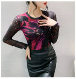 Summer Mesh Tee Long Sleeve Positioning Printing Fairy T-shirts Women's Elegant Slim Fitting Tops-Outfit