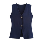 Fongt Summer Women's Solid Color Repair Gold Button Knitted Vest Blouse B62038