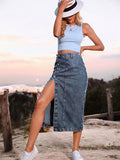 Side Slit Buttoned Denim Midi Skir-Outfit