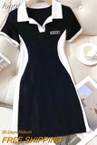 Summer Basics High Street Short Sleeve Turn-Down Collar Patchwork Golf Dresses Women's Causal High Waist Knitting
