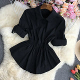Clear Color Lapel Tightened Long-Sleeved Shirt-Outfit