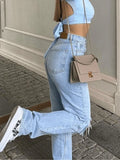 Blue Wash Straight Leg Knee Ripped Jeans-Outfit