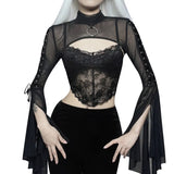 Temperament Perspective Net Yarn Blouse Dark Wind Half-High Collar Horn Sleeves Two-Sided Ribbon Slimming Jacket-Outfit